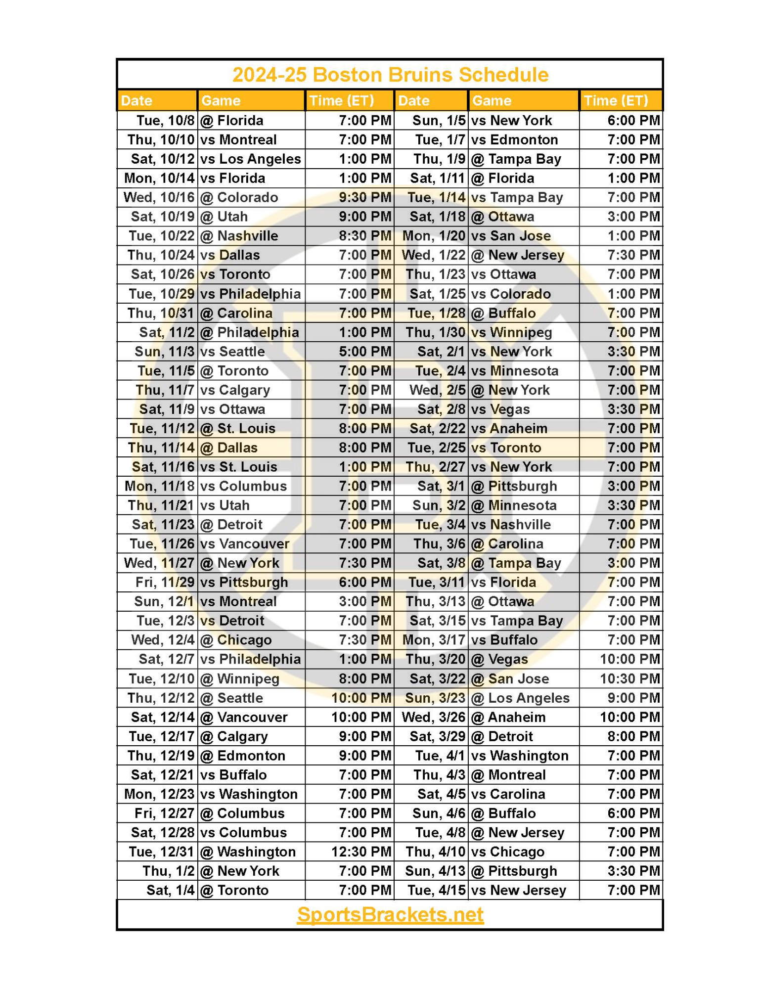 2024 25 Boston Bruins Schedule Printable PDF Format Sports Brackets