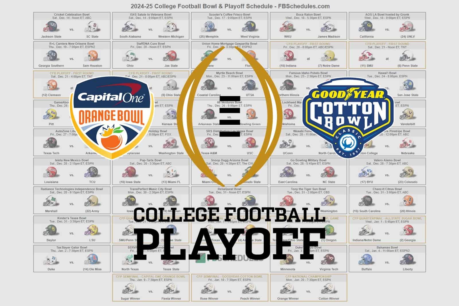 2024 25 College Football Bowl Helmet Schedule
