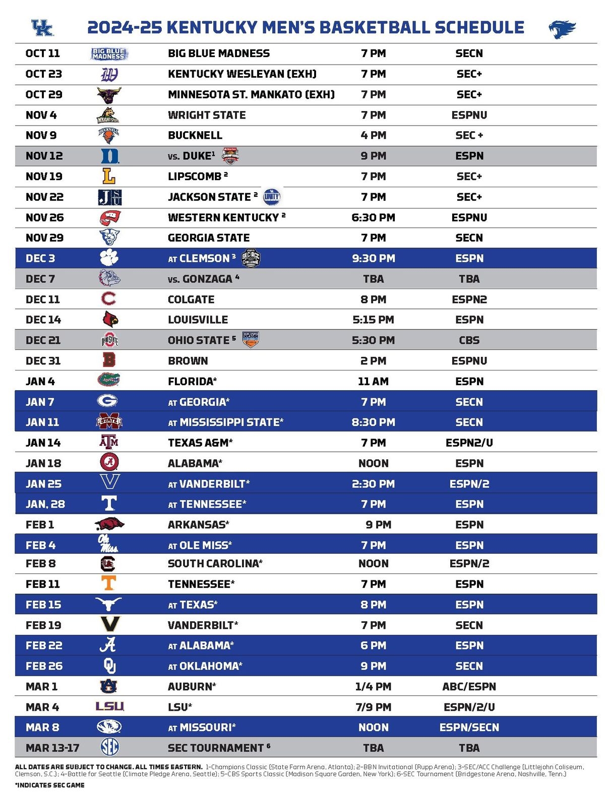 2024 25 Kentucky Basketball Schedule Times TV Channels And More A Sea Of Blue