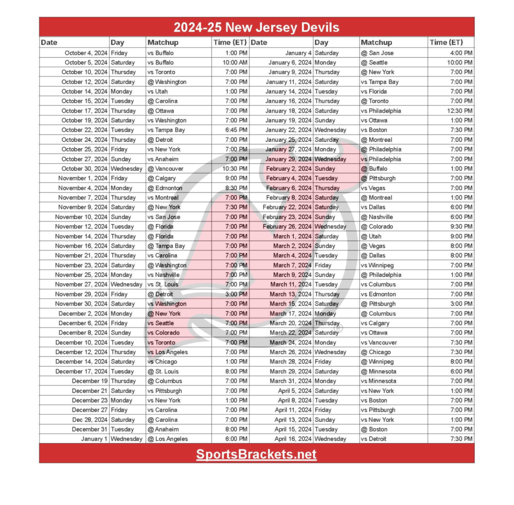 2024 25 New Jersey Devils Schedule Printable PDF Format Sports Brackets