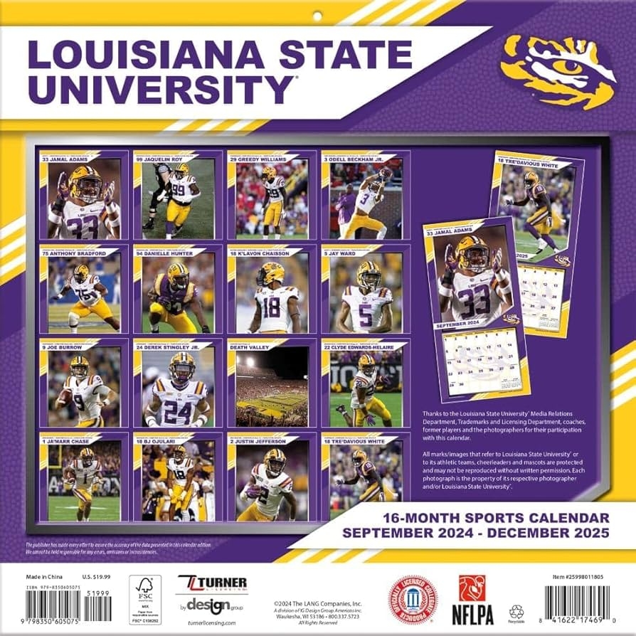 Amazon TURNER SPORTS LSU Tigers 2025 12x12 Team Wall Calendar 25998011805 Office Products