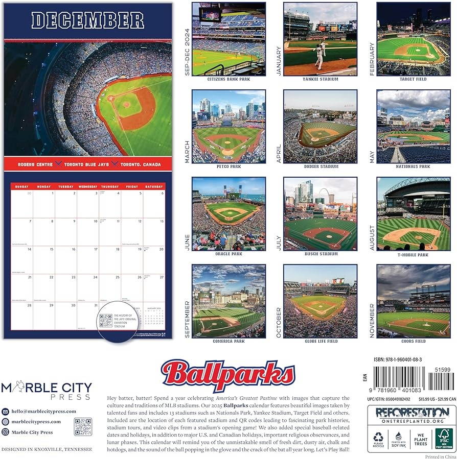 Ballparks Calendar 2025 12 X 24 Play Ball MLB Baseball Wall Calendar 12 Month Marble City Press Major League Stadiums Interactive QR Codes Ball Fields Home Run 2024 2025 Calendar Amazon ca Office Products