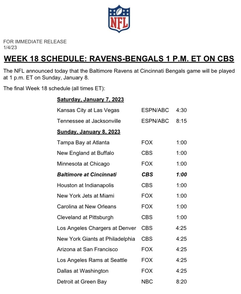 Brian McCarthy On X Here s The Full Week 18 NFL Schedule Including The Time For Ravens Bengals Game Confirmed And Announced Via nfl345 Https t co yNwal7NCZ0 X