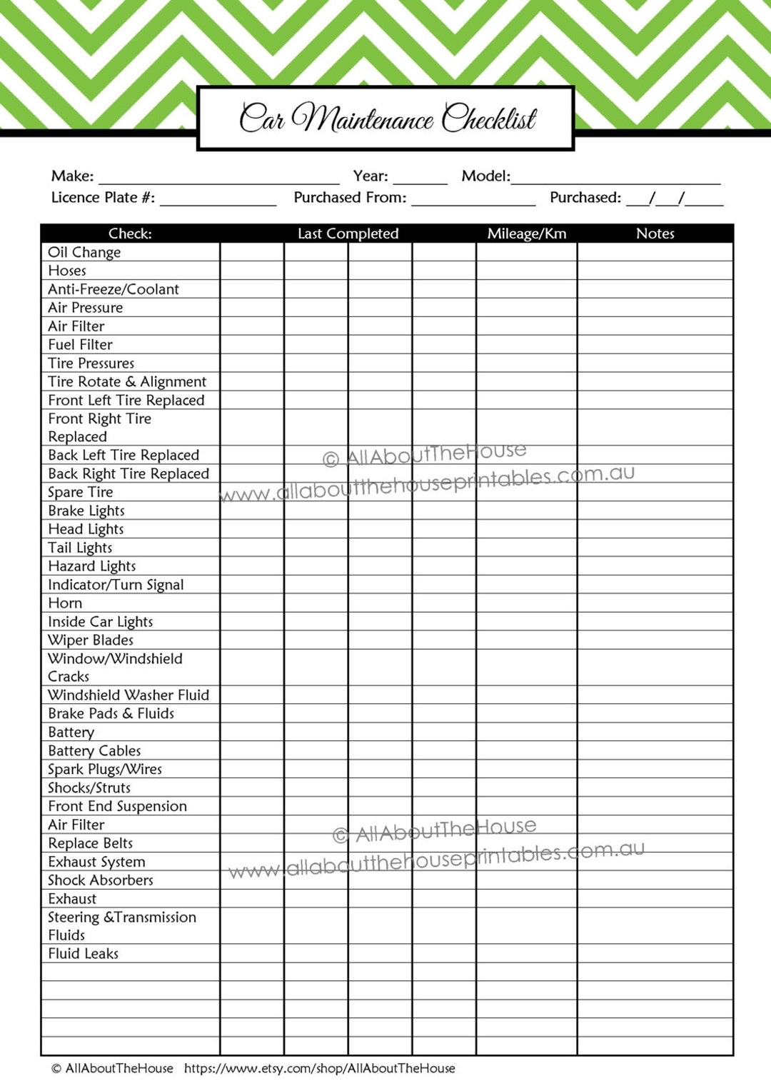 Car Maintenance Checklist Printable Planner Household Binder Home Organization Homekeeping Notebook Vehicle Auto Log Editable PDF Etsy