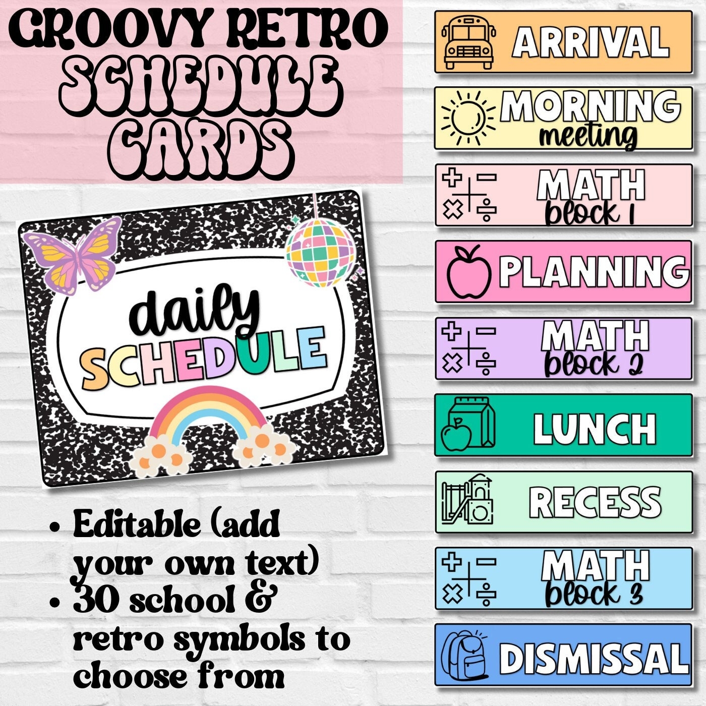 Class Schedule Cards Retro Groovy Classroom Decor Editable Schedule Editable Classroom Printables Back To School Classroom Schedule Etsy