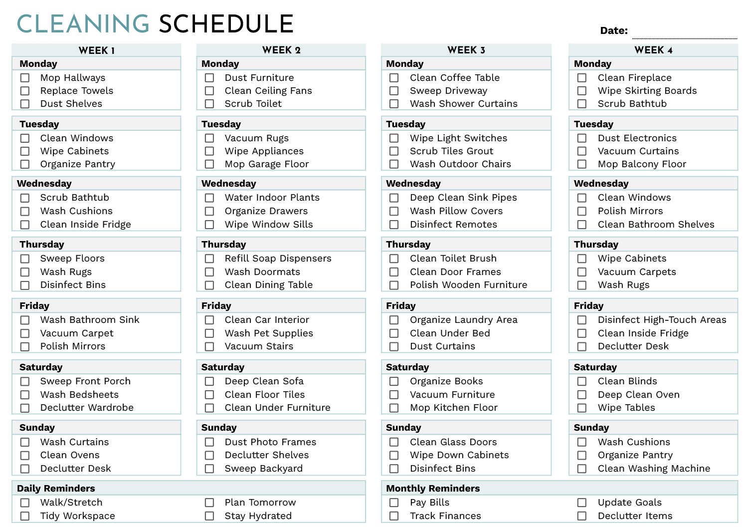 Cleaning Schedule For Home Template Google Docs Word Highfile