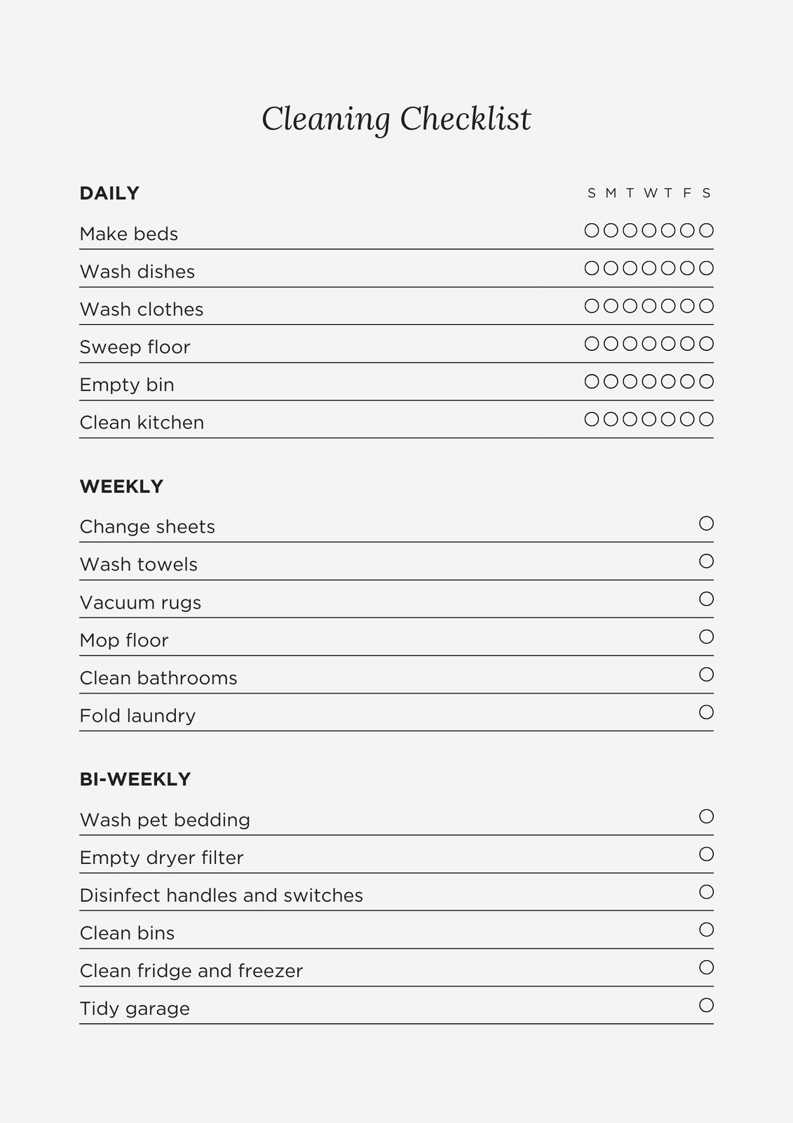 Household Cleaning Schedule Printable