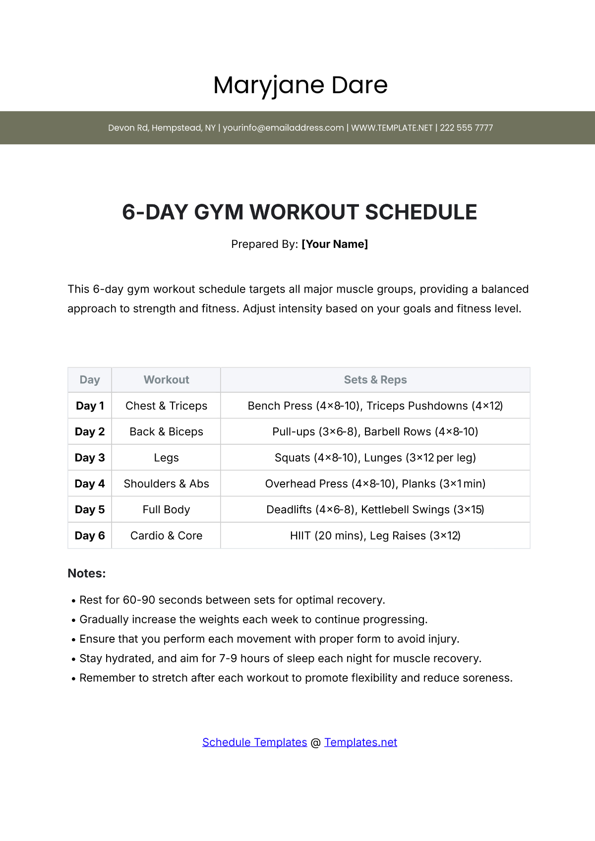 Printable Weight Lifting Schedule