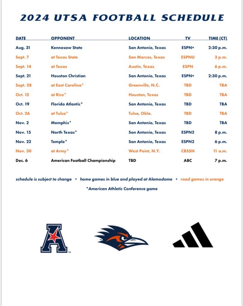 JJ Perez On X Updated 2024 UTSA Football Schedule With Kickoff Times And TV Networks For 7 Games Https t co S8GrcJpWnB Https t co 88qHozXLtZ X