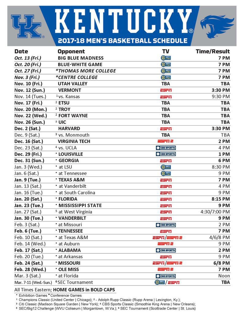 Kentucky Basketball Schedule 2017 18 TV Times And Locations For John Calipari s Wildcats SBNation