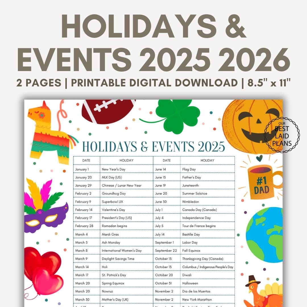 List Of Holidays 2025 Printable PDF 2025 Events And Holidays List In Order US World 2025 Calendar Printable At A Glance Holiday List 2026 Etsy