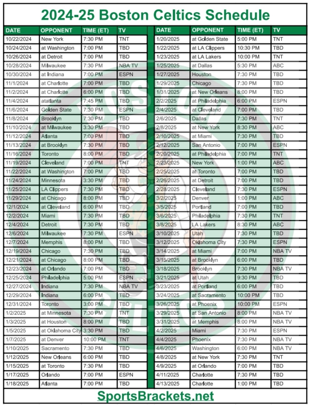 Printable 2024 25 Boston Celtics Schedule TV Broadcasts And Matchups Sports Brackets
