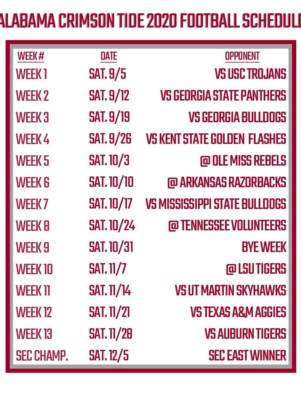 Printable Alabama Football Schedule 2020 FanDuel Research