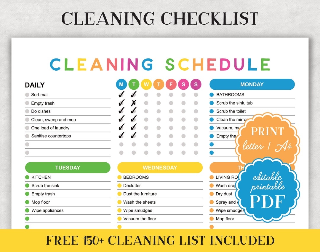 Printable Cleaning Schedule Checklist Editable Daily Weekly Monthly Planner PDF Family Chore Chart Template Etsy UK