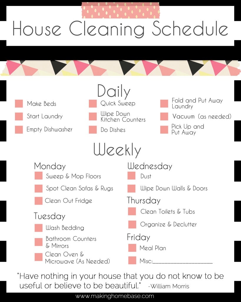 Daily Cleaning Schedule Printable