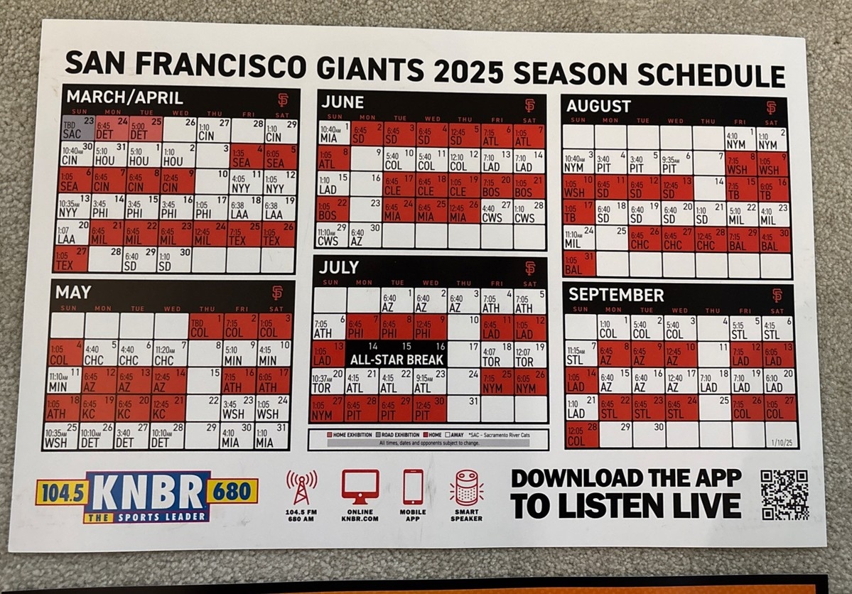 SF GIANTS 2025 AUTHENTIC Fan Schedule CHEER CARD SGA Photo Shows Front Back EBay