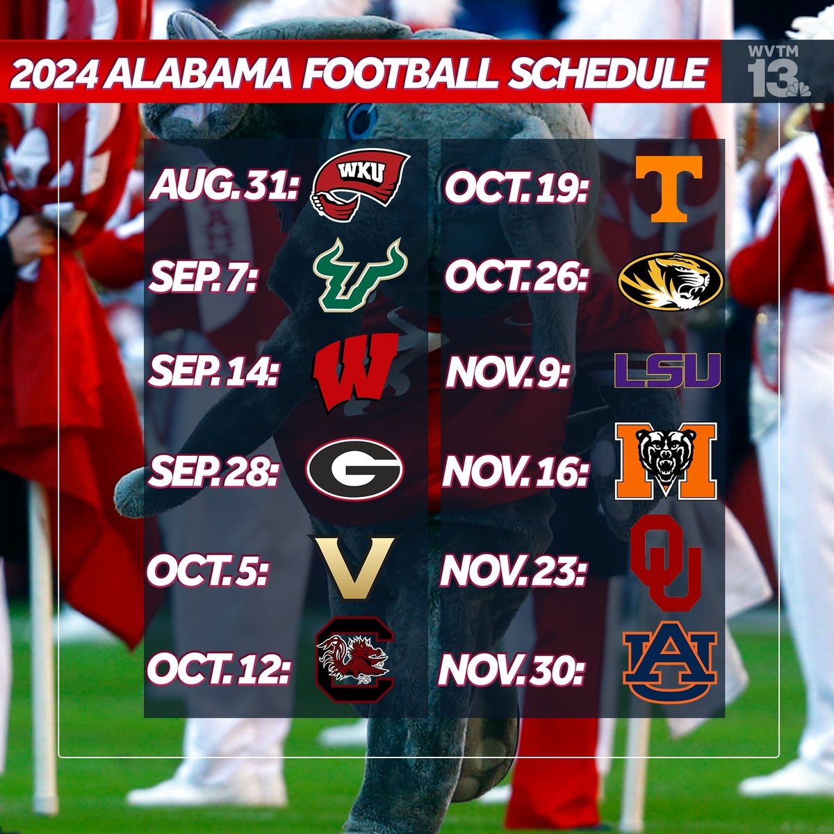 WVTM 13 On X ROLL TIDE Alabama s 2024 Football Schedule Has Officially Been Revealed What Do You Think Of The Lineup Https t co GuqV7GNLxq Https t co qx5o0zJ8rd X