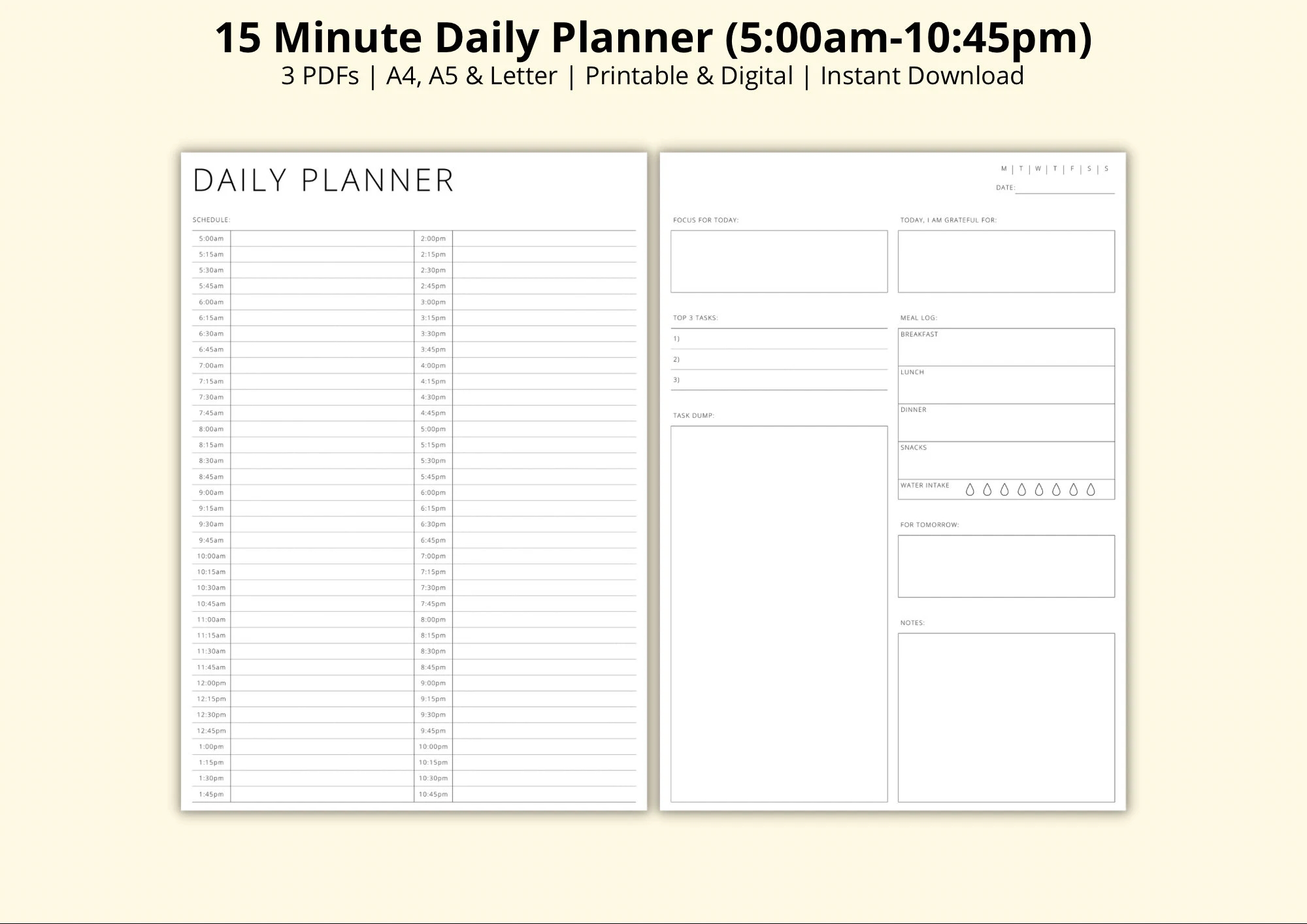 15 Minute Daily Planner Printable Time Blocking Template Day On 2 Pages Daily Overview Day Schedule Productivity Planner A4 a5 letter Etsy