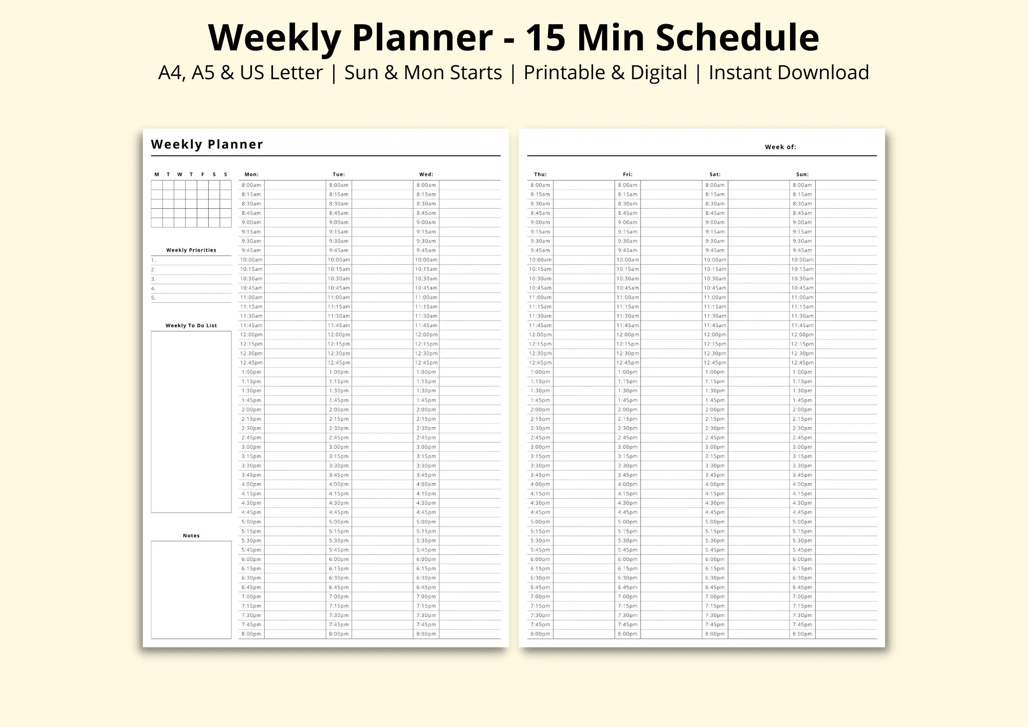 15 Minute Weekly Schedule Time Blocking PDF 7 Day Planner Revision study Timetable Productivity Planner Printable digital A4 a5 letter Etsy