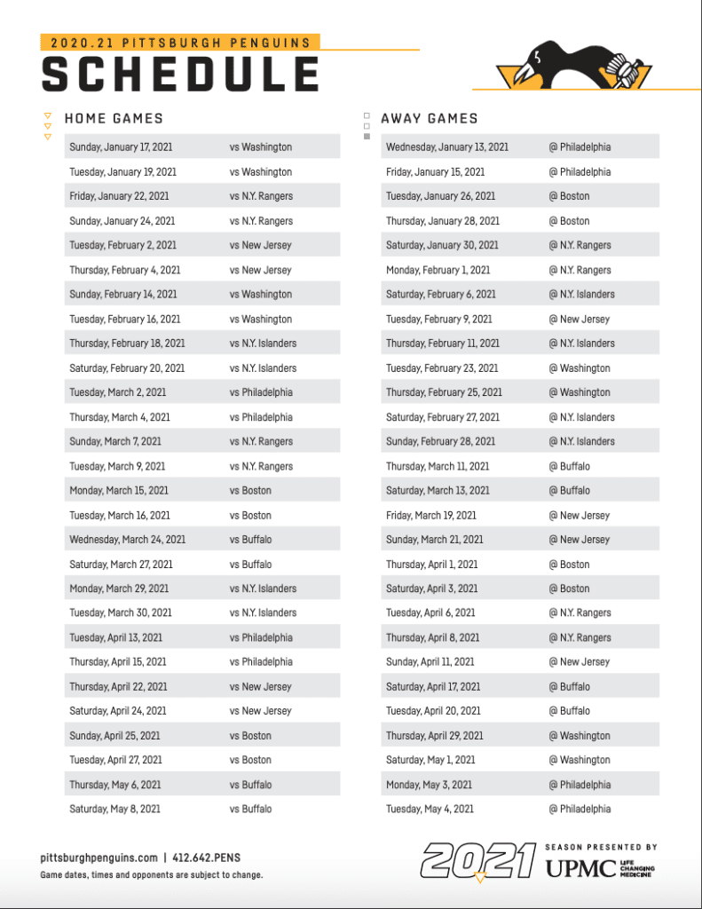 Pittsburgh Penguins Printable Schedule