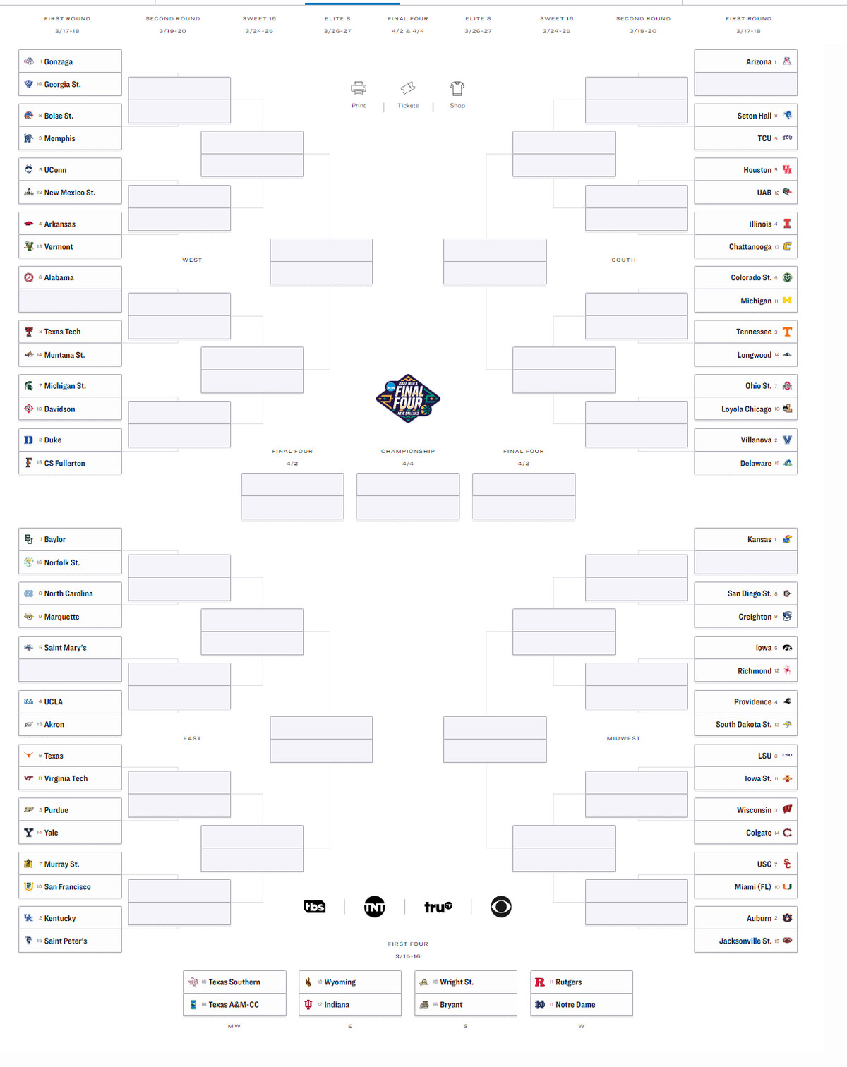 2022 NCAA Tournament Bracket Times TV Channels Online Stream And More A Sea Of Blue