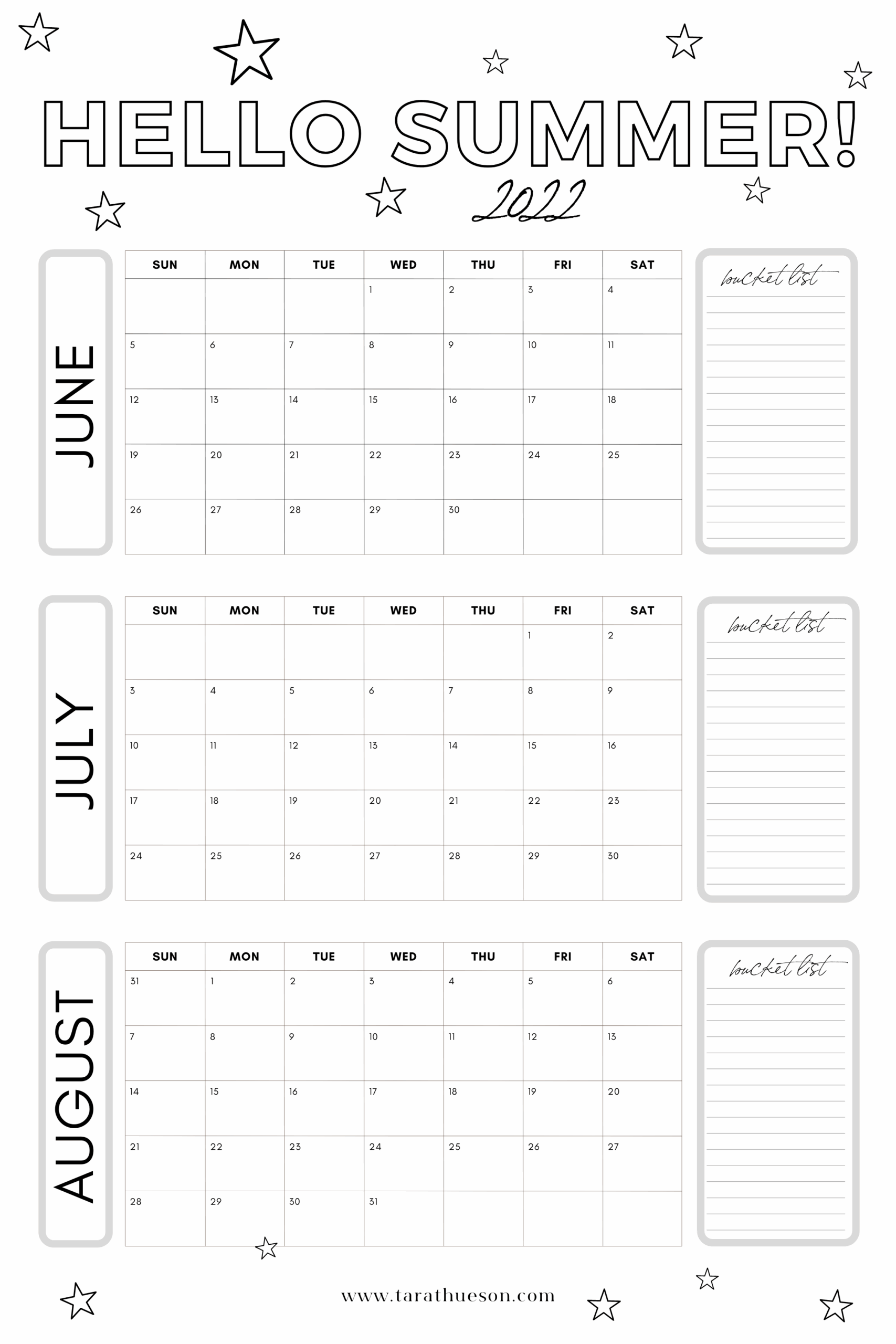 2022 Summer Calendar Free Printable Tara Thueson