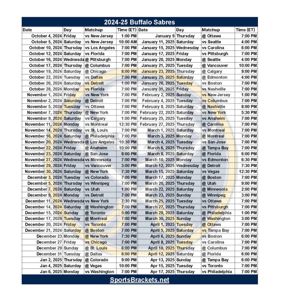 2024 25 Buffalo Sabres Schedule Printable PDF Format Sports Brackets