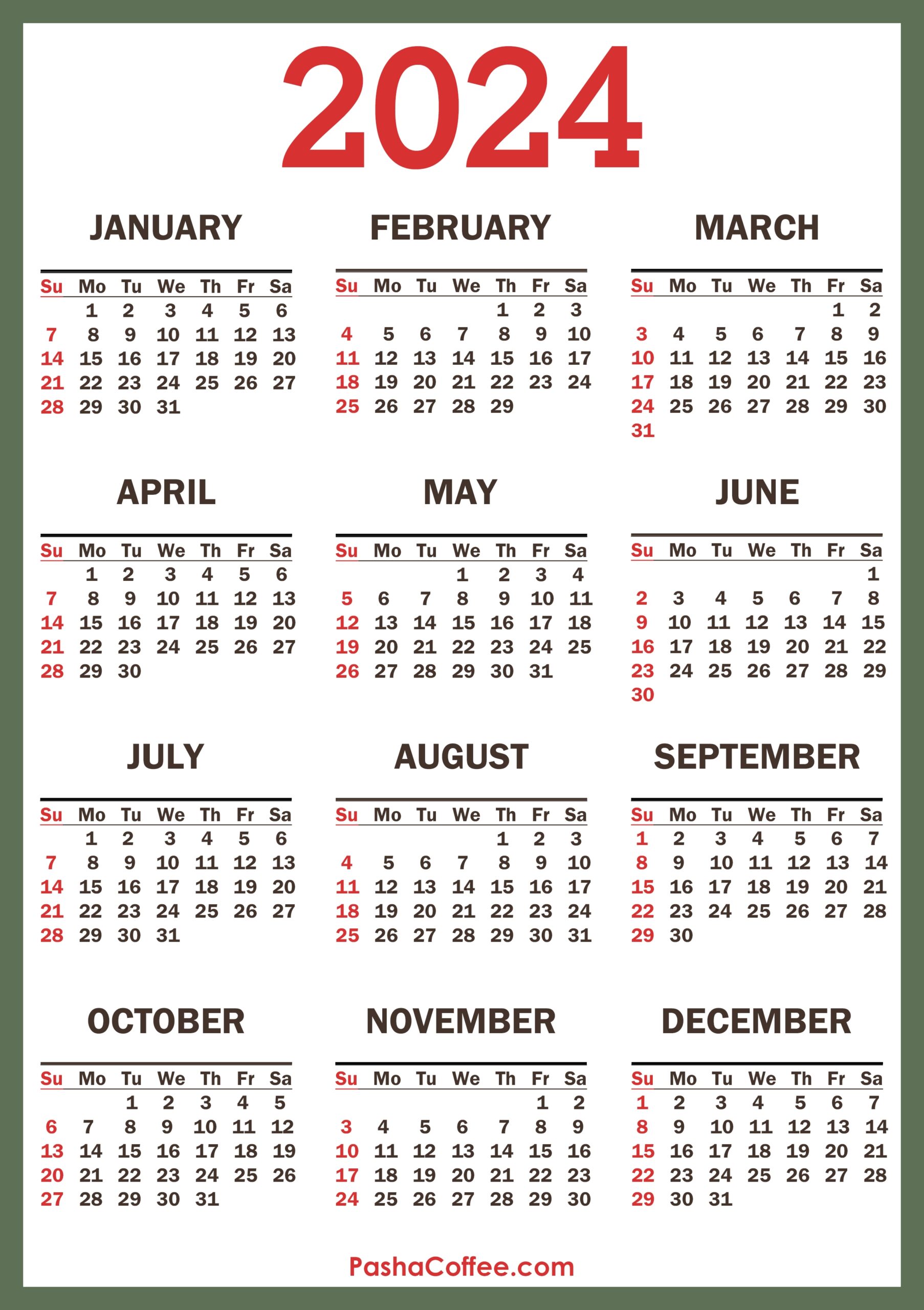 2024 Calendar With Holidays Printable Free Vertical Green PashaCoffee