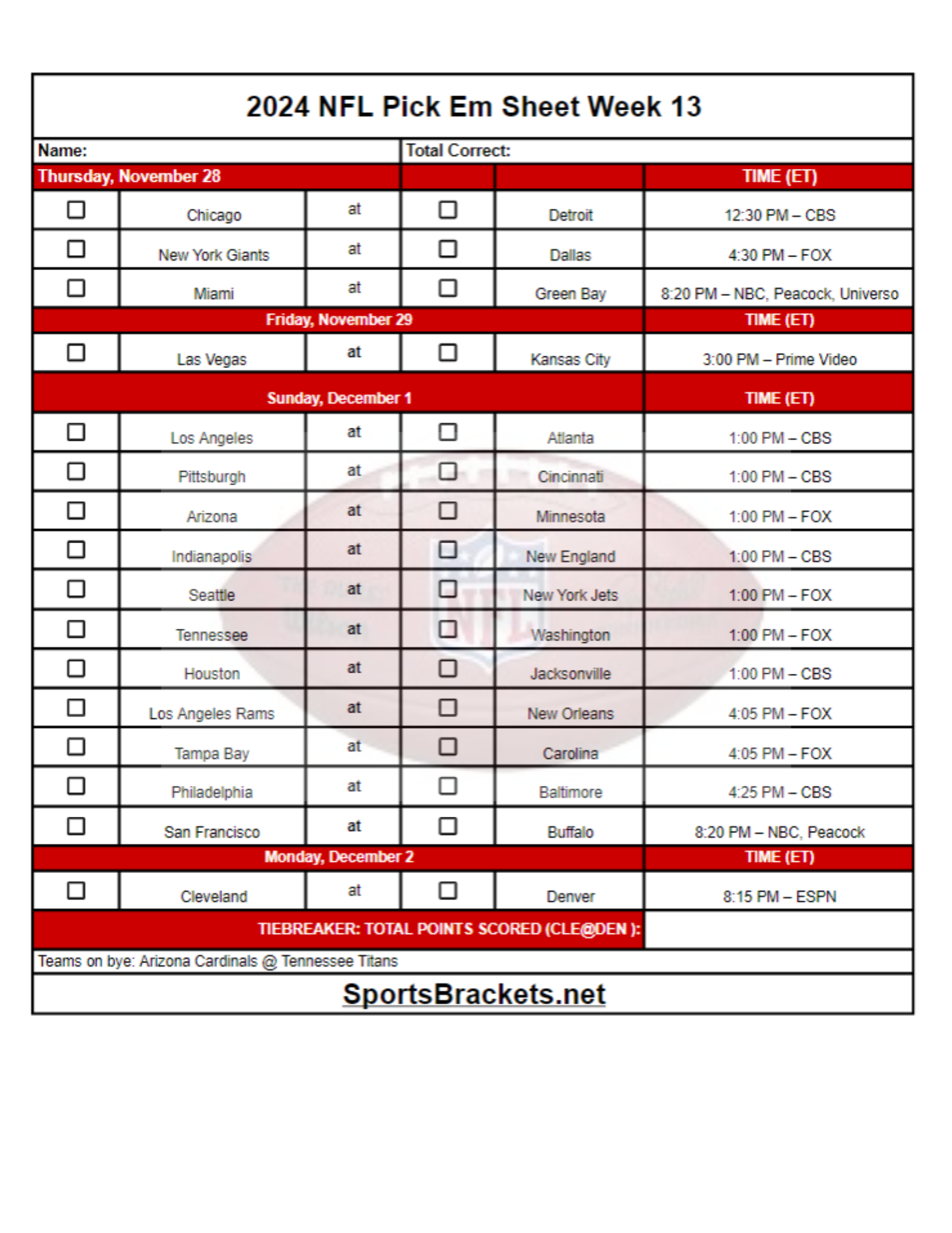 2024 NFL Pick Em Sheet Week 13 Printable PDF Format Sports Brackets