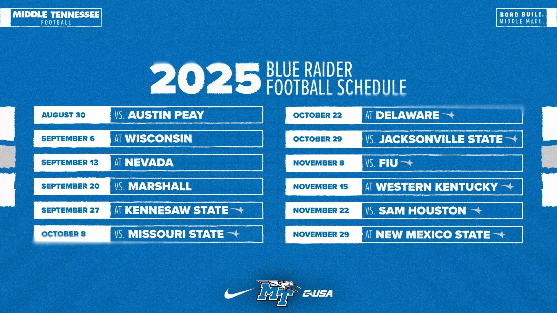 2025 Football Schedule Announced By CUSA Middle Tennessee State University Athletics