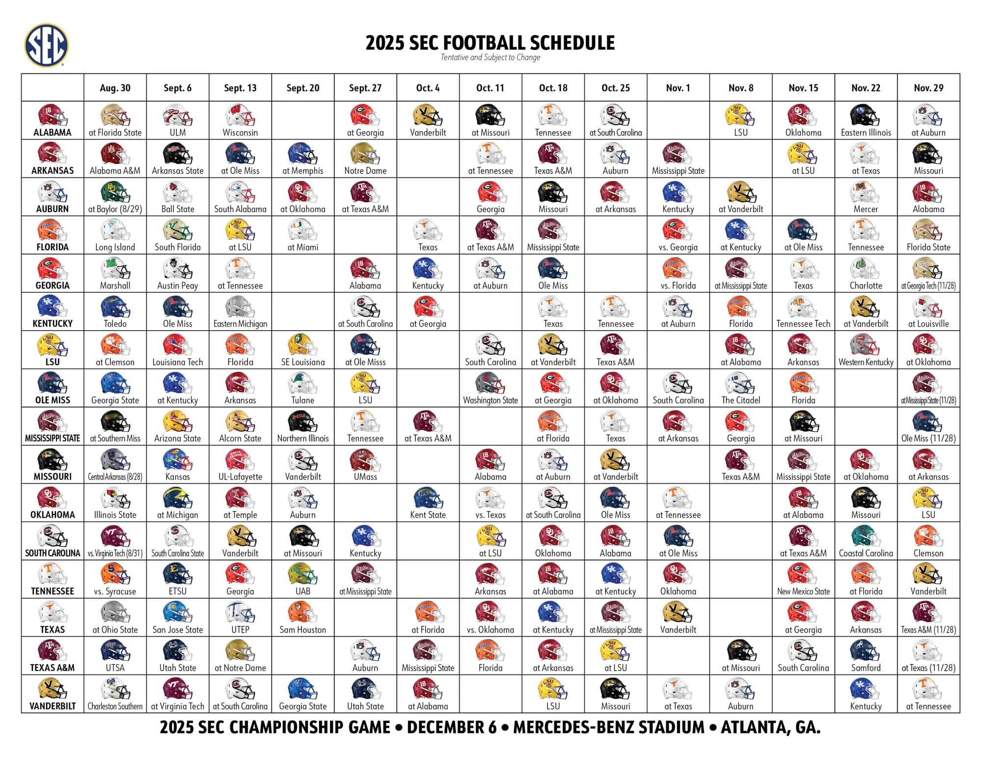 2025 SEC Football Helmet Schedule Southeastern Conference