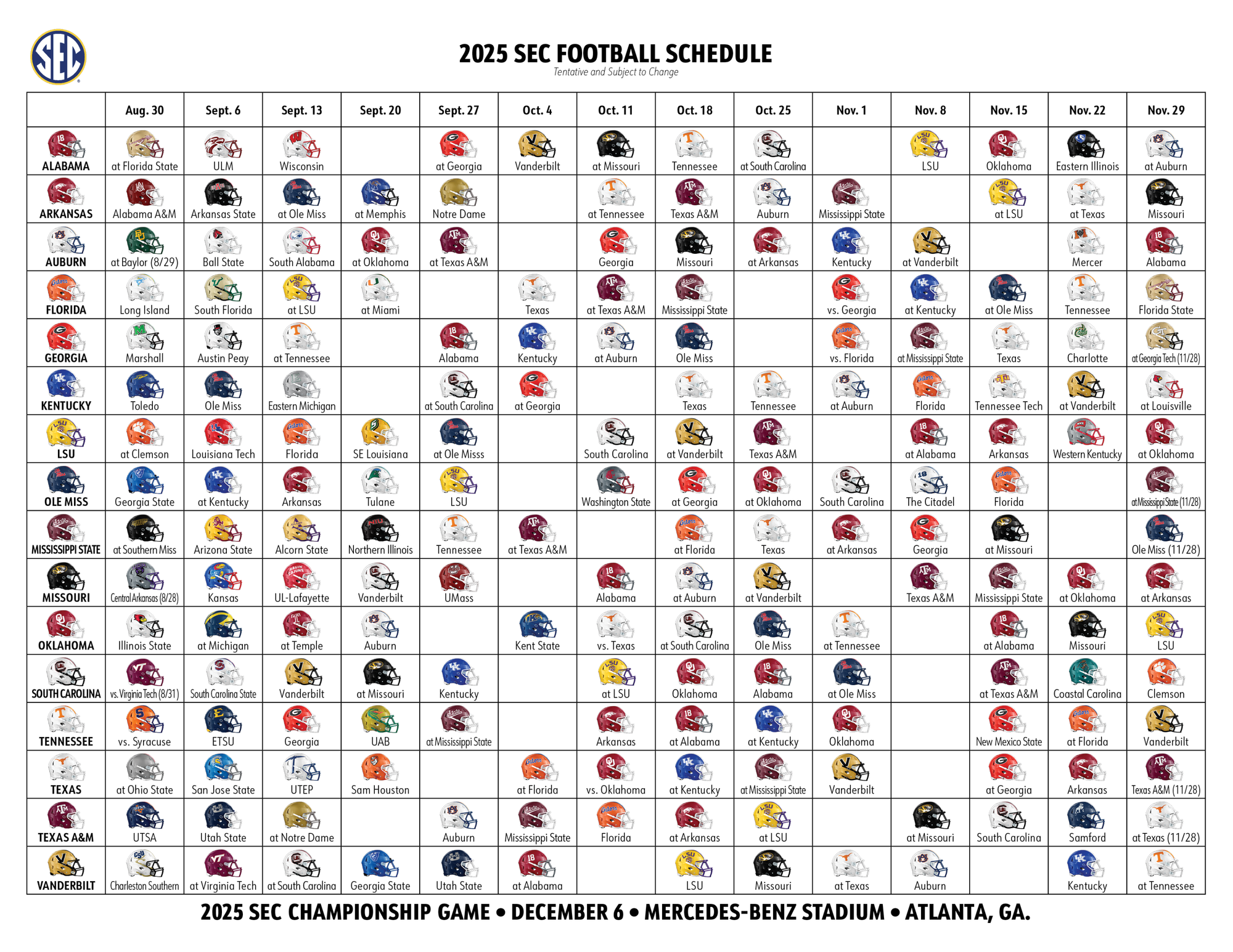 2025 SEC Football Helmet Schedule Southeastern Conference