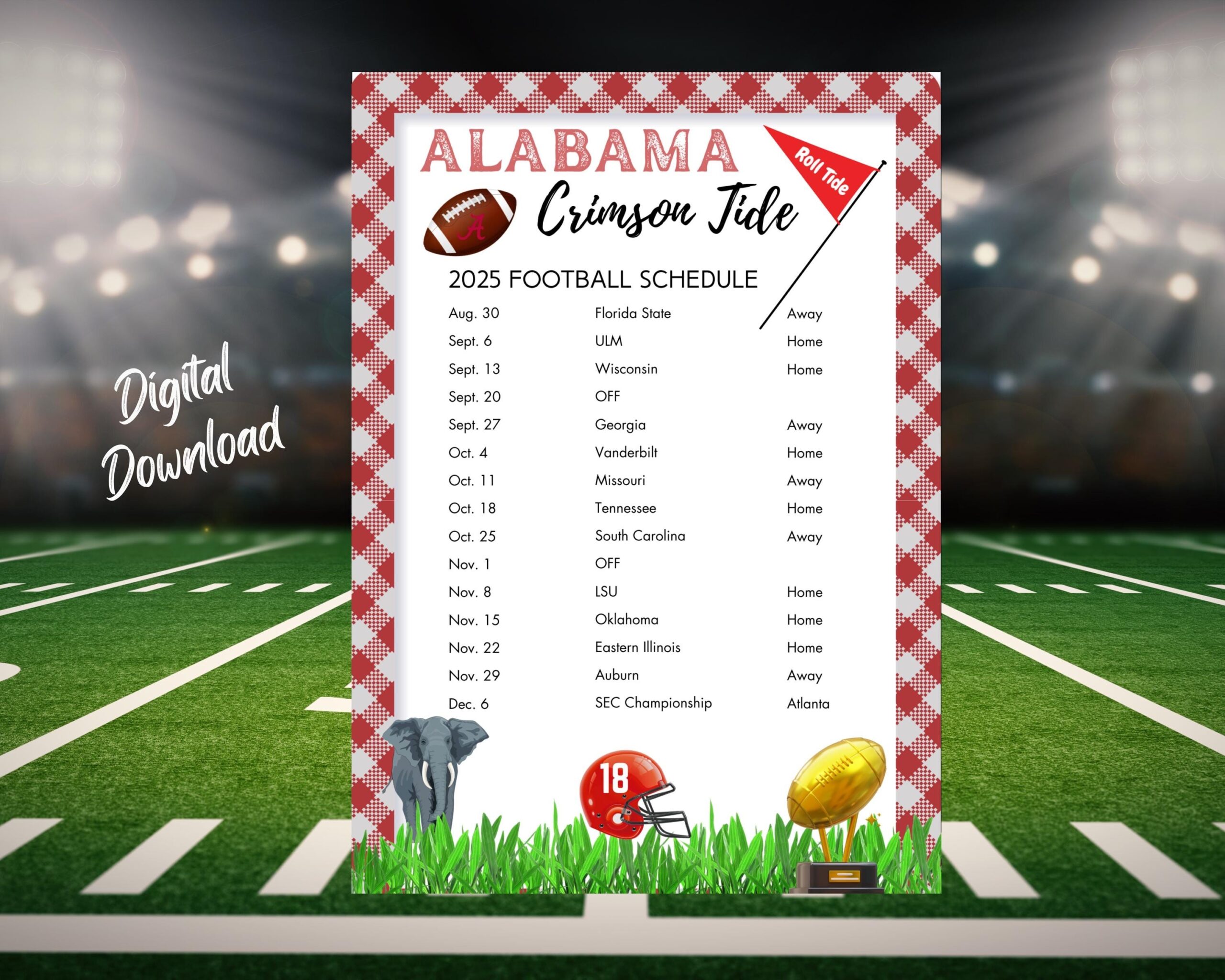 2025 University Of Alabama Football Schedule Crimson Tide Bama College Football Games Printable Schedule Alabama Fans Roll Tide Etsy