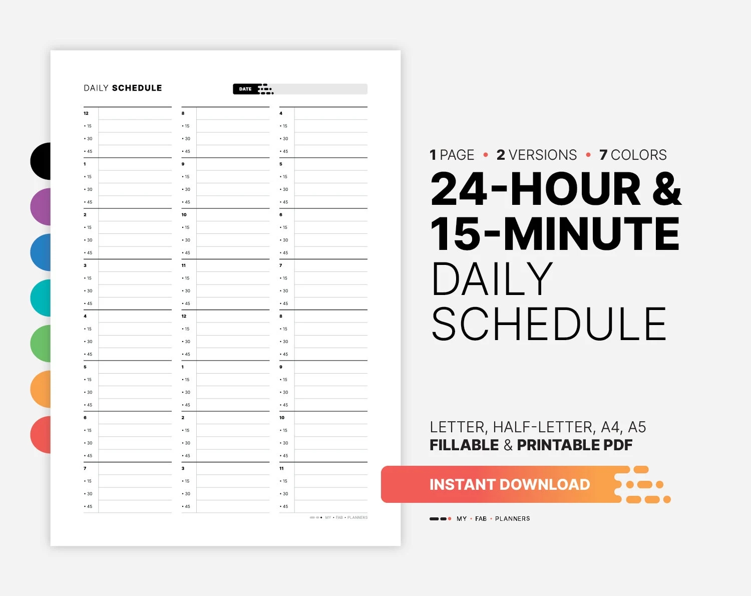 24 Hour 15 Minute Daily Schedule Planner Undated Fillable Hourly Appointment Time Slots Organizer Sheet Printable Letter HL A4 A5 PDF Etsy