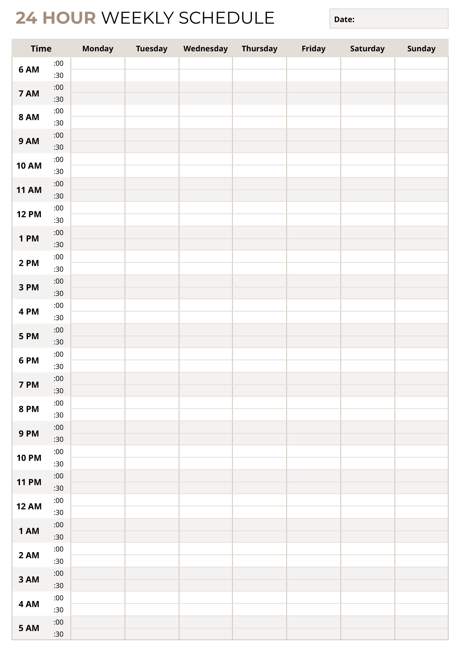 24 Hour 7 Day A Week Schedule Template Google Docs Word Highfile