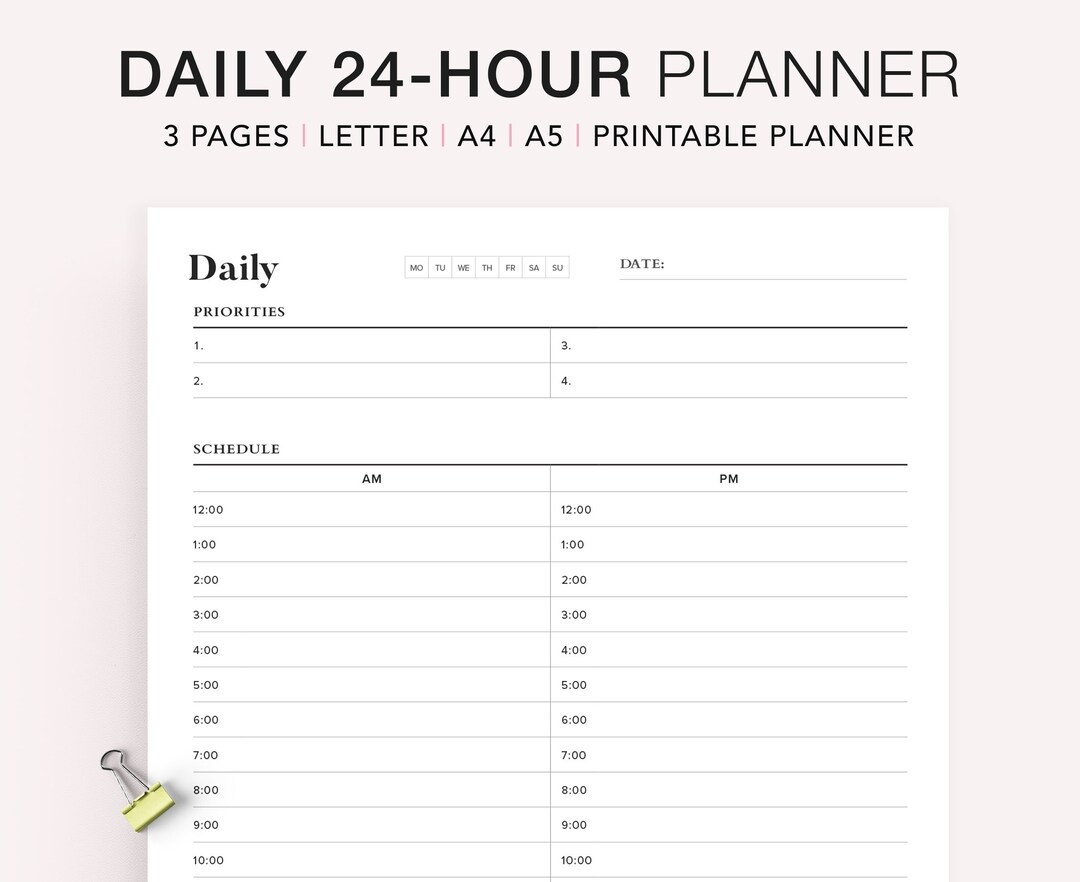24 Hour Daily Planner Printable Hourly Planner Military Time Plan Time Blocking Template Work Day Schedule Productivity Planner Etsy