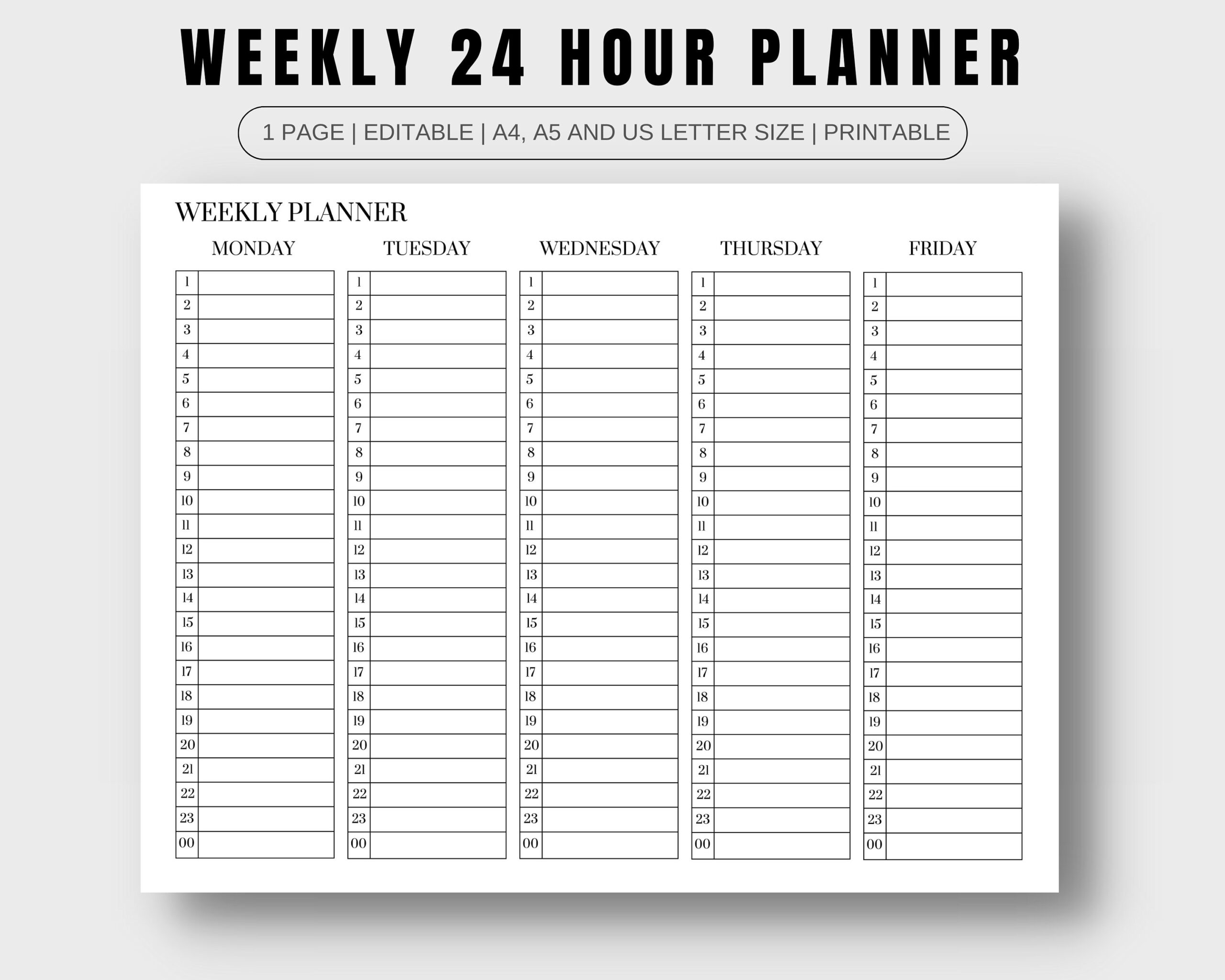 24 Hour Daily Planner Printable Hourly Weekly Schedule PDF Time Blocking Week At A Glance Weekly To Do List Weekly Agenda Digital Etsy