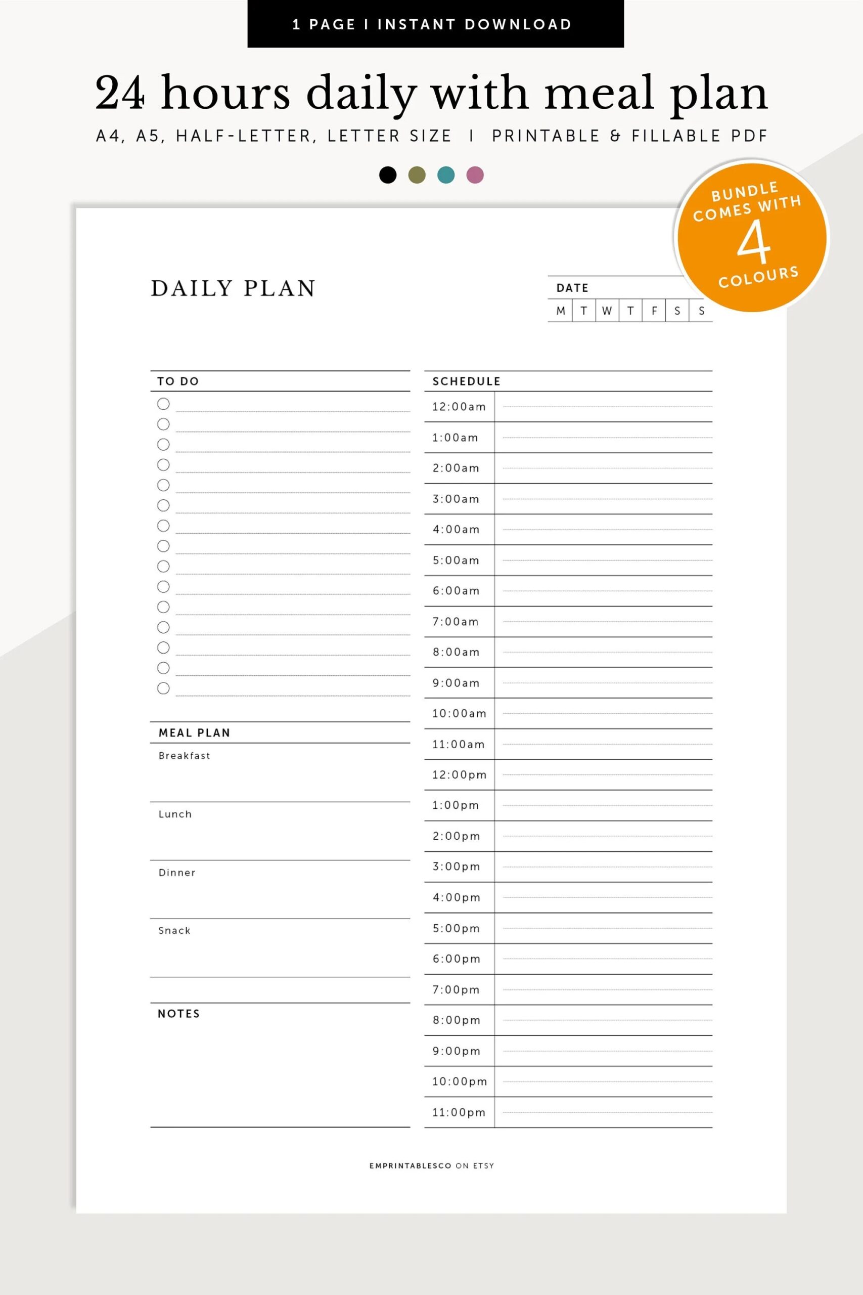 24 Hour Daily Planner With Meal Plan 24hrs Daily Schedule Daily Organiser To Do Fillable Printable Planner A4 a5 letter half Size Etsy