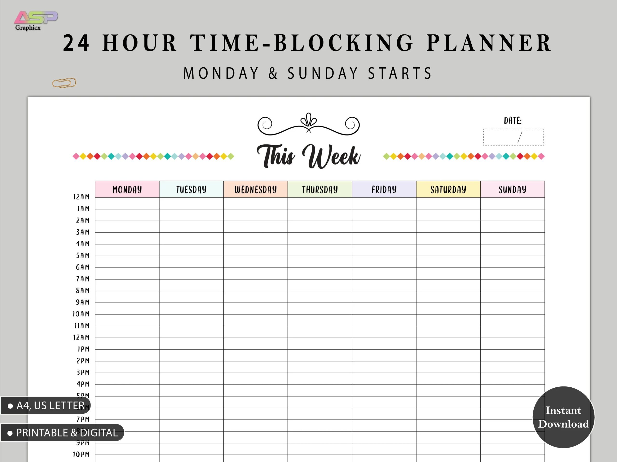 24 Hour Time Blocking Weekly Planner Printable Weekly Schedule Digital Planner Time Block Daily Planner A4 Us Letter Size Etsy