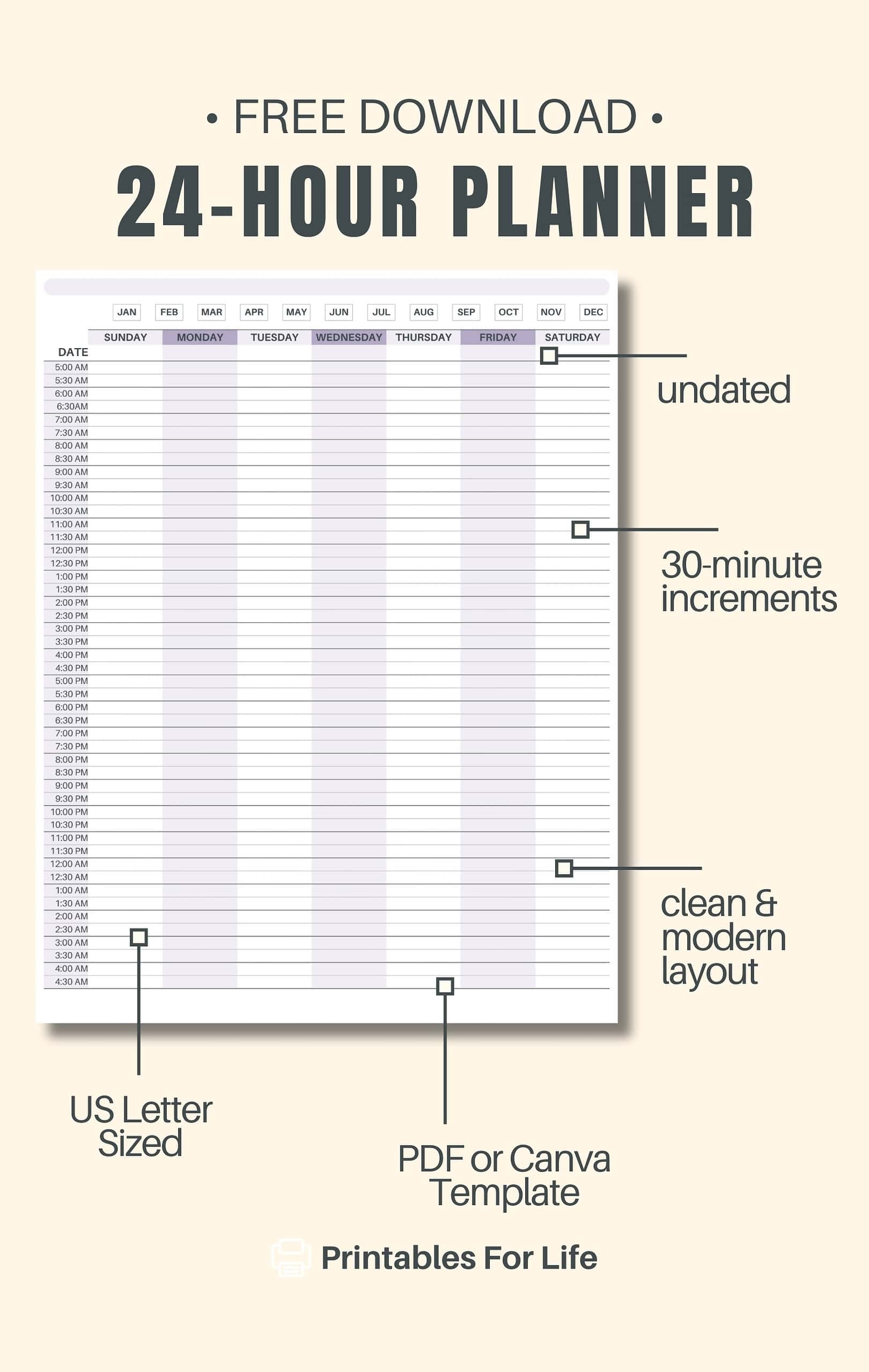 24 Hour Weekly Planner FREE Printable