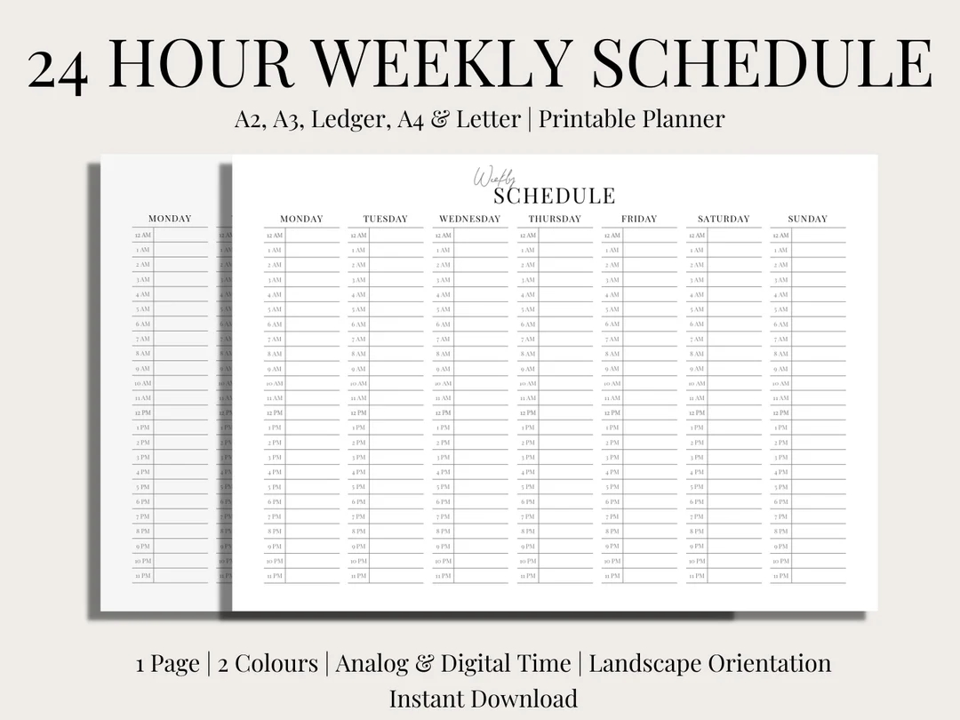 24 Hour Weekly Schedule Landscape Printable 2 Versions Hourly Planner Analog Time Digital Time Template Digital PDF Undated Etsy