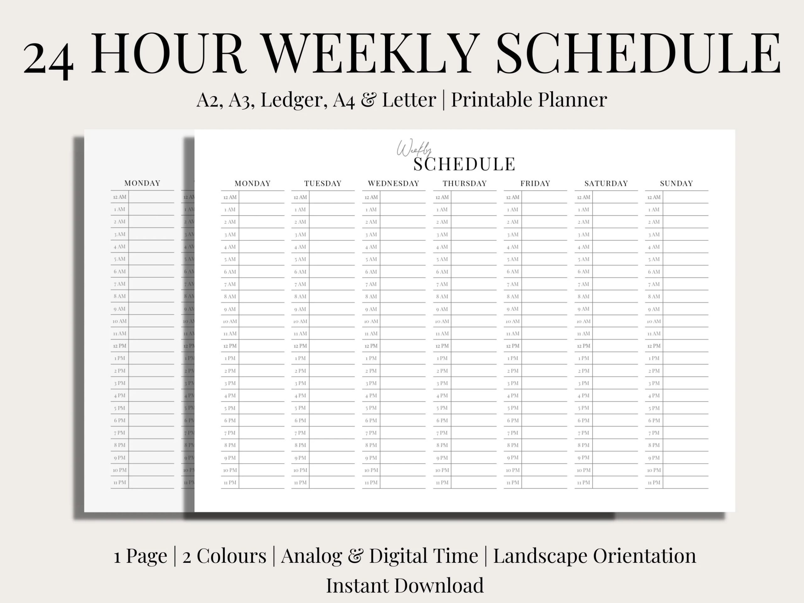 24 Hour Weekly Schedule Landscape Printable 2 Versions Hourly Planner Analog Time Digital Time Template Digital PDF Undated Etsy