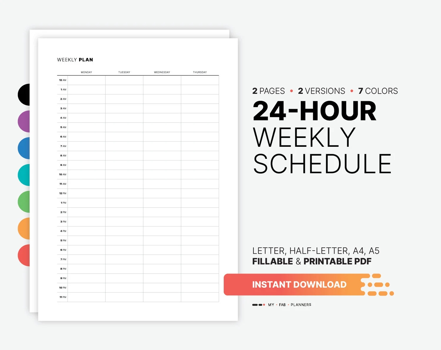 24 hour Weekly Schedule Planner Fillable Hourly Block Appointment Chart Week At A Glance Printable Letter Half Size A4 A5 PDF Template Etsy