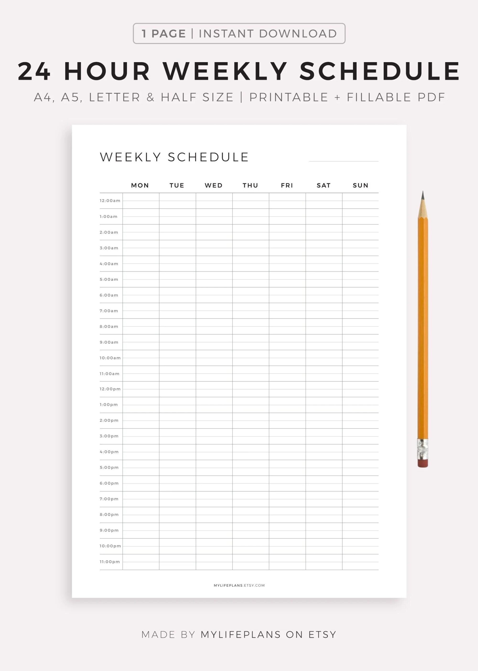 24 Hour Weekly Schedule Week At A Glance Weekly Agenda Weekly Planner Printable PDF Weekly To Do List A5 a4 letter half Letter Etsy
