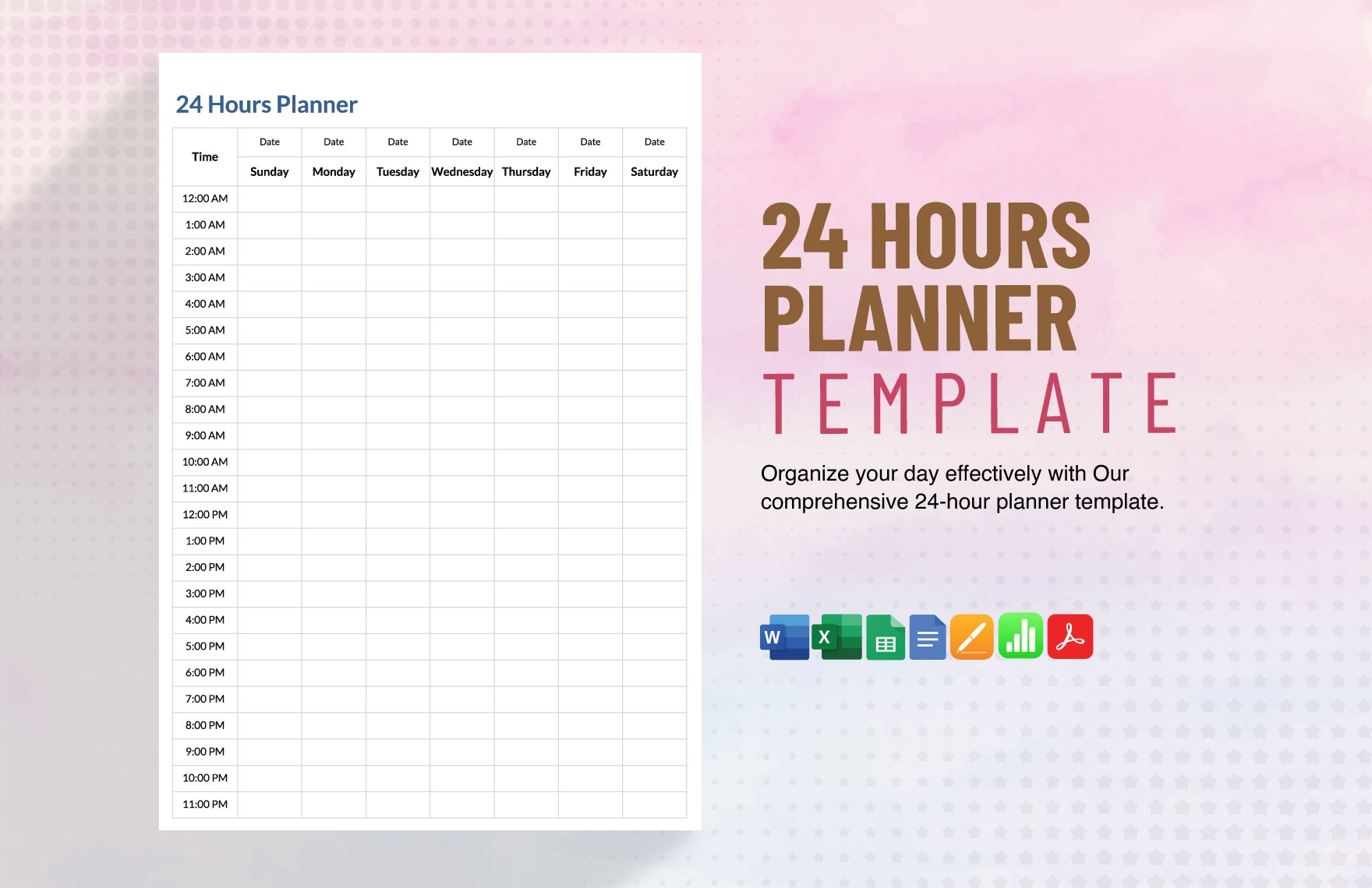 24 Hours Planner Template In Google Docs Apple Pages Excel Word Apple Numbers Google Sheets PDF Download Template
