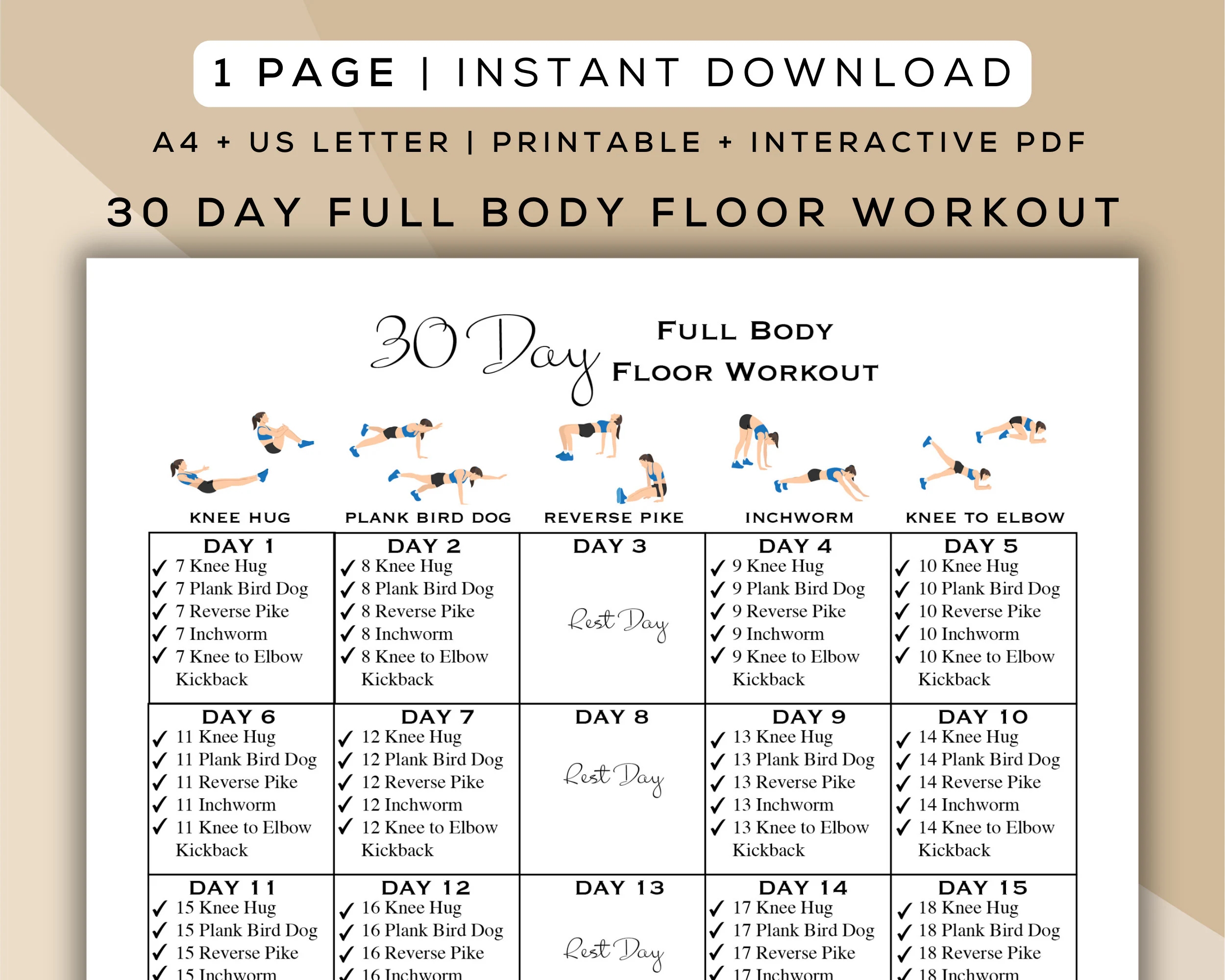 30 Day Full Body Floor Workout Printable Interactive PDF Easy To Follow Beginner Friendly Digital Home Workout Guide A4 US Letter Etsy