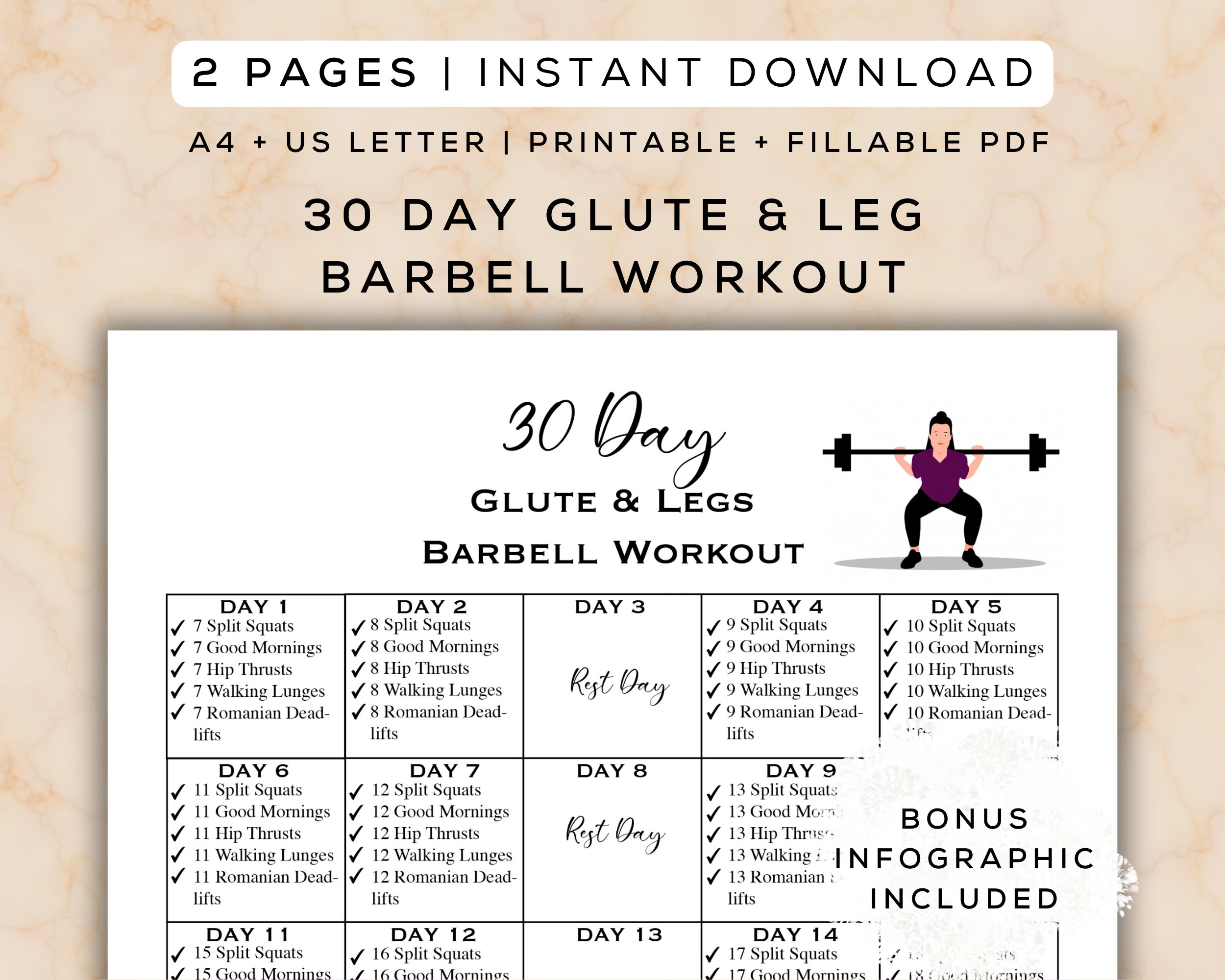 30 Day Glute Leg Barbell Workout Plan Printable Fillable PDF Bous Infographic Easy To Follow Workout Gym Guide A4 Letter Etsy