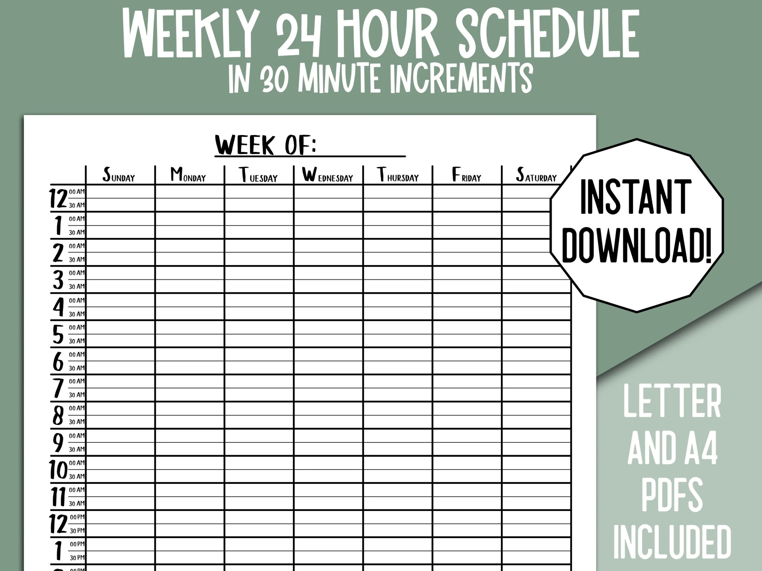 30 Minute Planner Printable 30 Minute Daily Planner Weekly Planner Printable Half Hour Weekly Planner Half Hour Schedule Etsy