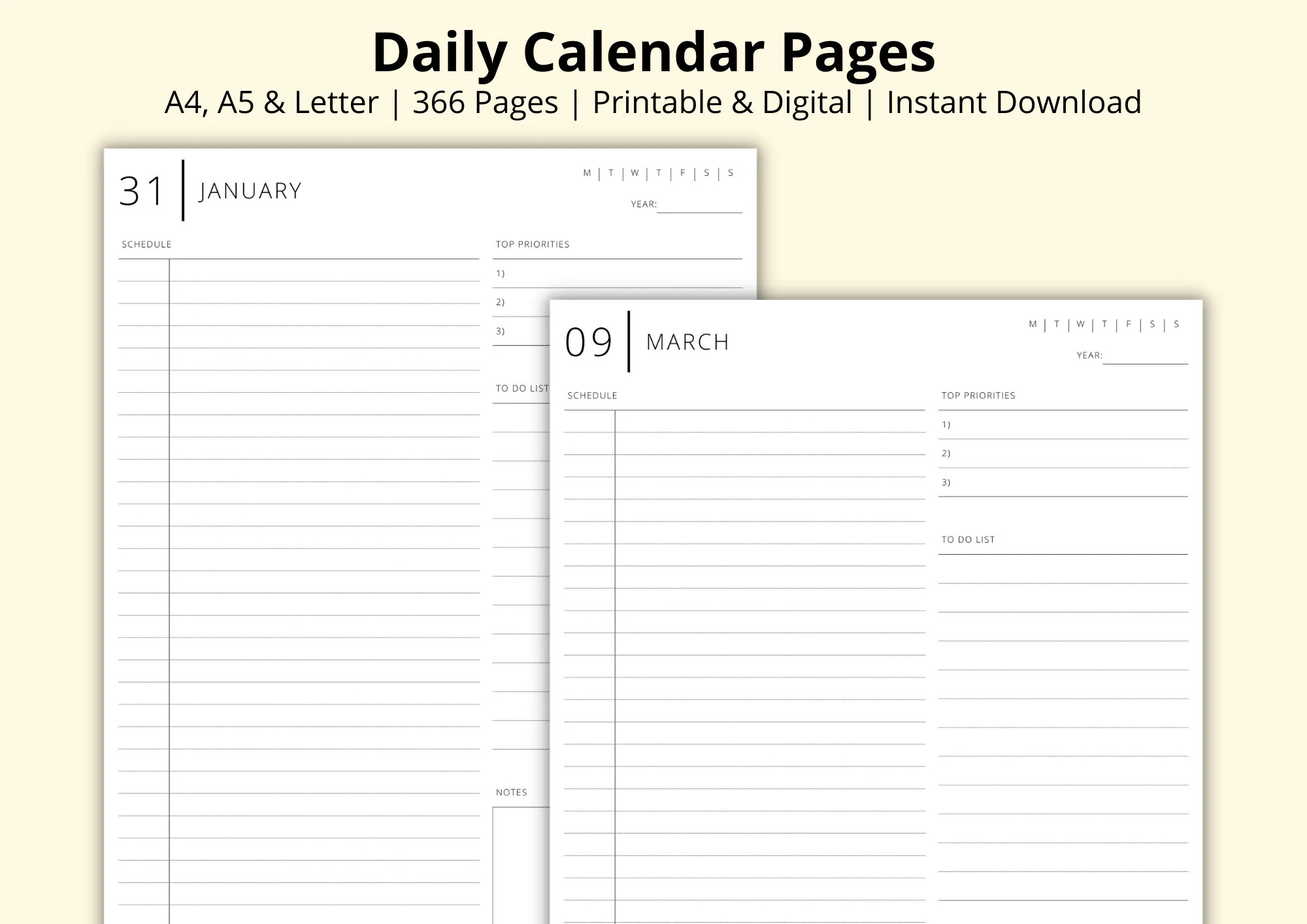 365 Daily Planner Pages Daily Calendar Template Blank Schedule Time Blocking PDF Productivity Planner Printable digital A4 a5 letter Etsy