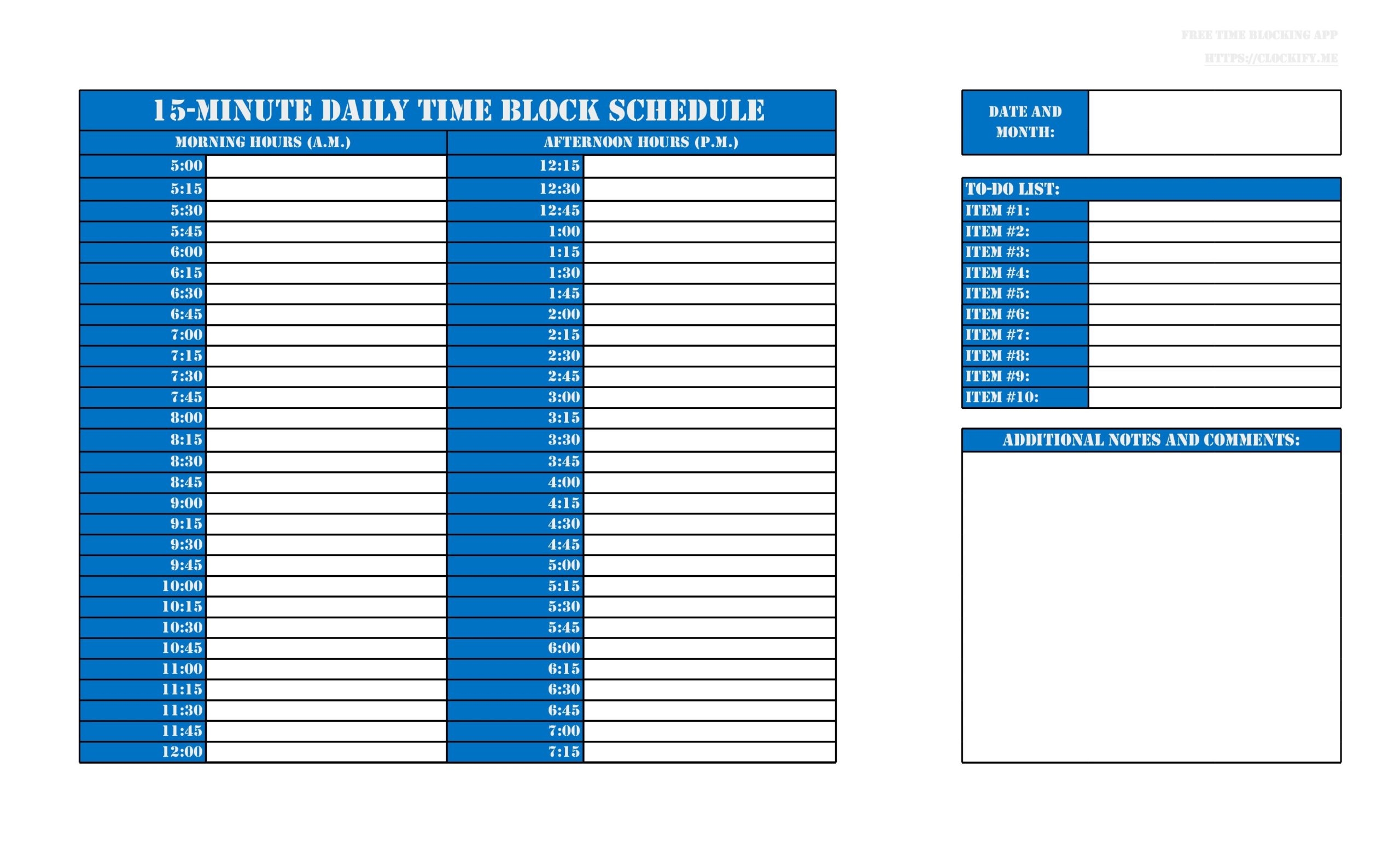 Free Printable Daily Schedule Sheet 15 Minute